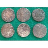 Six silver pennies from the reigns of Edward 1 (1272 to 1307) and Edward 11 (1307 to 1327). See