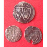 Three silver Commonwealth coins ' a halfgroat (ragged edge) and two pennies, one damaged (see
