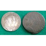 Two William and Mary coins ' a shilling dated 1693 in good fine and a 1694 halfpenny (with uneven