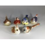 Six assorted Royal Crown Derby porcelain paperweights modelled as birds including 'Jenny Wren', '