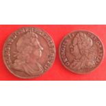 Two nice Georgian silver coins in about very fine grade ' a George 1 1723 shilling (large N in