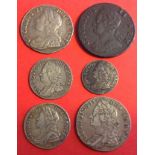 Six George II coins ' five of them silver. They are a 1734 shilling in vf; a 1743 halfpenny (