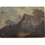 19th Century School. Figure beside thatched barns, unsigned, oil on wooden panel, 23x33cm.