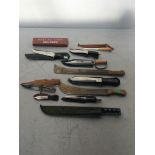 Eleven Various sheathed knives including a 1944 US Navy issue machete, Fairbairn-Sykes 'style'