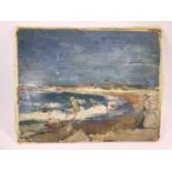 Attributed to Anthony Eyton, beach scene, oil on board, initialled lower right 'AE', inscribed to