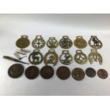 Addendum: button hook has been withdrawn. Eleven various horse brasses including Masonic, Narrowbo