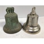 Two various maritime style bells, one chrome plated, one bronze, the largest 30cm high, (lacking