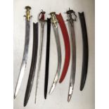 Four various Indian swords including three Talwars with curved blades, two in leather sheaths and