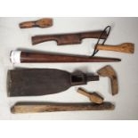 A small collection of shipwrights tools including and iron Adze with date and broad arrow stamp '