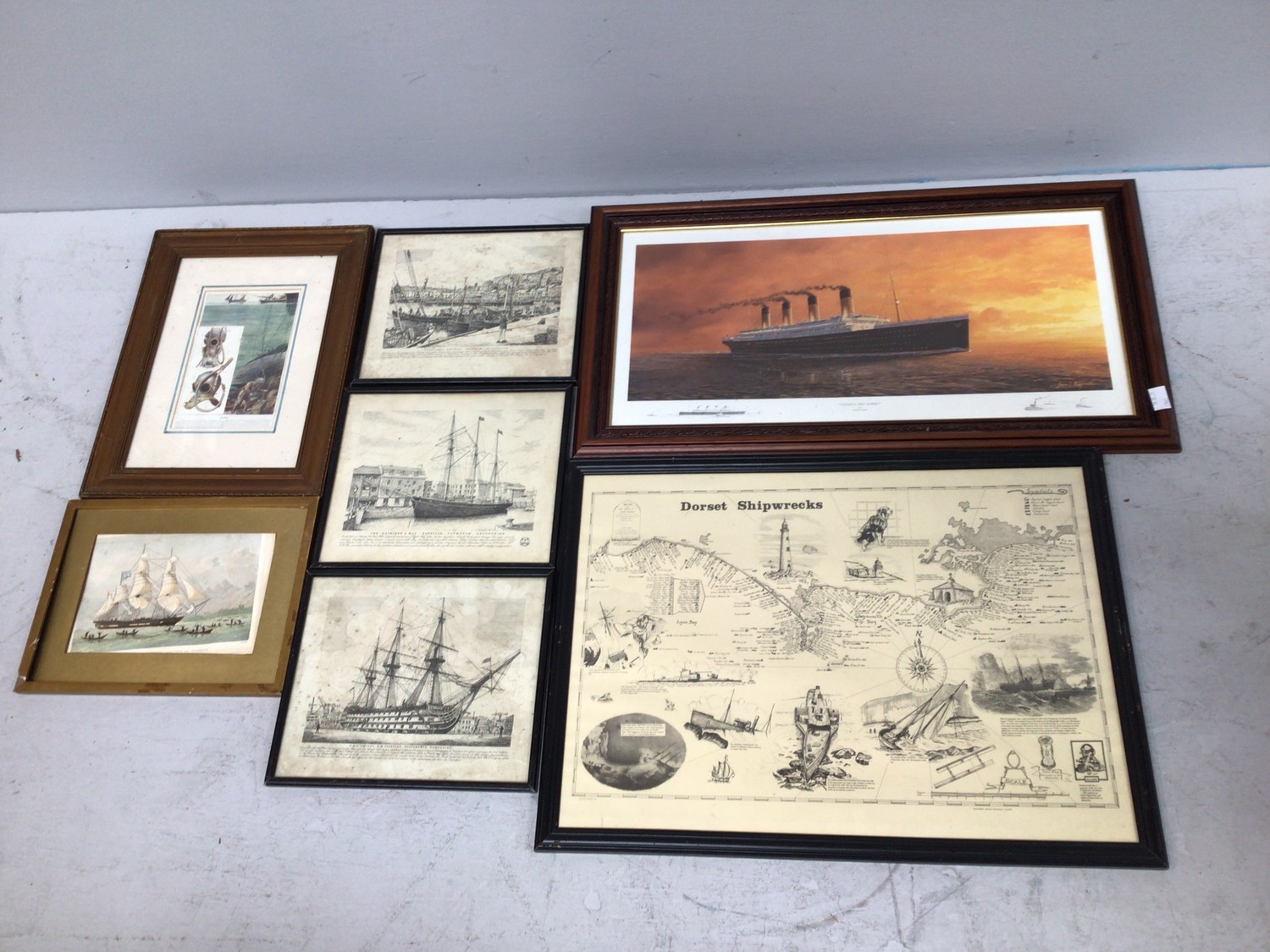 Seven various prints of nautical scenes including 'Titanic's Last Sunset' and Dorset Shipwrecks etc.