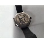 An unusual .935 silver-cased wristwatch, appears to be converted from a fob watch, the front of