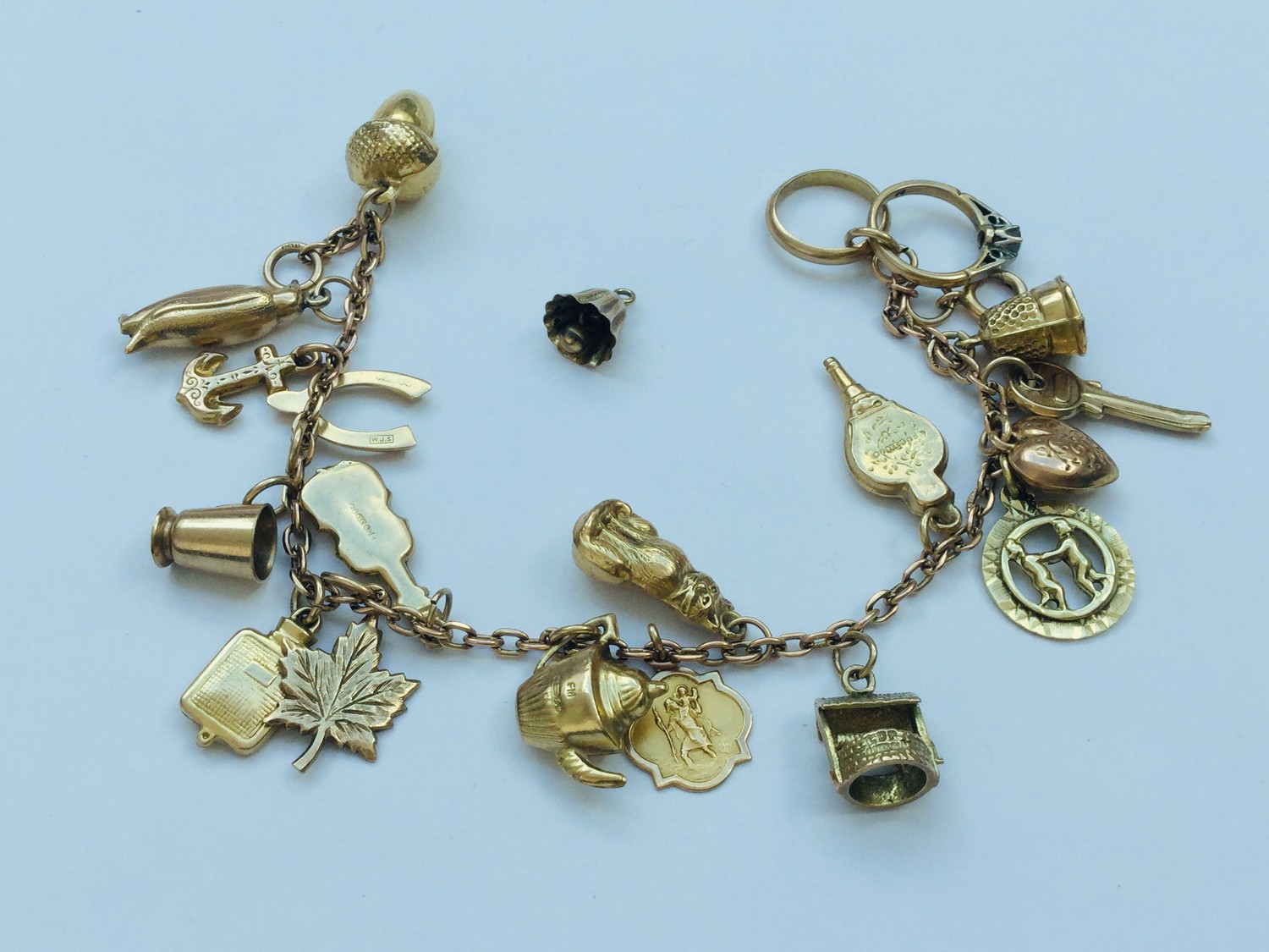 A 9ct gold charm bracelet with 19 x gold charms (one charm loose) including a penguin, an acorn, a