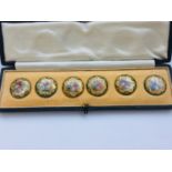 A set of six porcelain buttons, in fitted box, each gilded and painted with polychrome enamels