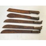 Five machetes including three WWII US military machetes, a square tipped machete inscribed 'CHAN'