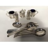 A George V five piece silver cruet set by Sanders & Mackenzie, comprising salt, pepper and mustard