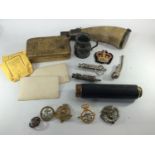 A quantity of militaria/maritime items including a horn gunpowder flask, bosons call, ARP whistle