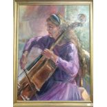 Susie Hunt (British 20th century), 'The Cellist,' half-length portrait of a female cellist,