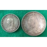Two 1887 silver coins from the Jubilee coinage of Queen Victoria ' a crown grading vf/fine, with