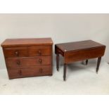 A Victorian mahogany drop leaf table on turned legs with brass castors, 99cm wide, 49cm wide (95