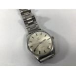 An gents stainless steel Omega Geneve wristwatch, the silvered dial with batons denoting hours, on