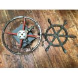 A small bronze ships wheel, 46cm diameter, together with an industrial style wheel with electric