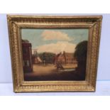 A 19th century school study of a figure on horseback in a village, probably Westbourne, with The