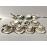 A quantity of New Hall porcelain tea wares including 2x various cream jugs, 4x trios, monochrome