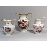 Three various early 19th century English porcelain jugs, probably Staffordshire, with ovoid body and