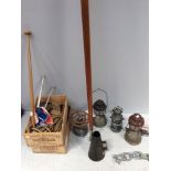 A mixed yachtsman's lot including metal megaphone, galvanised shackles, 2x aluminium stanchion