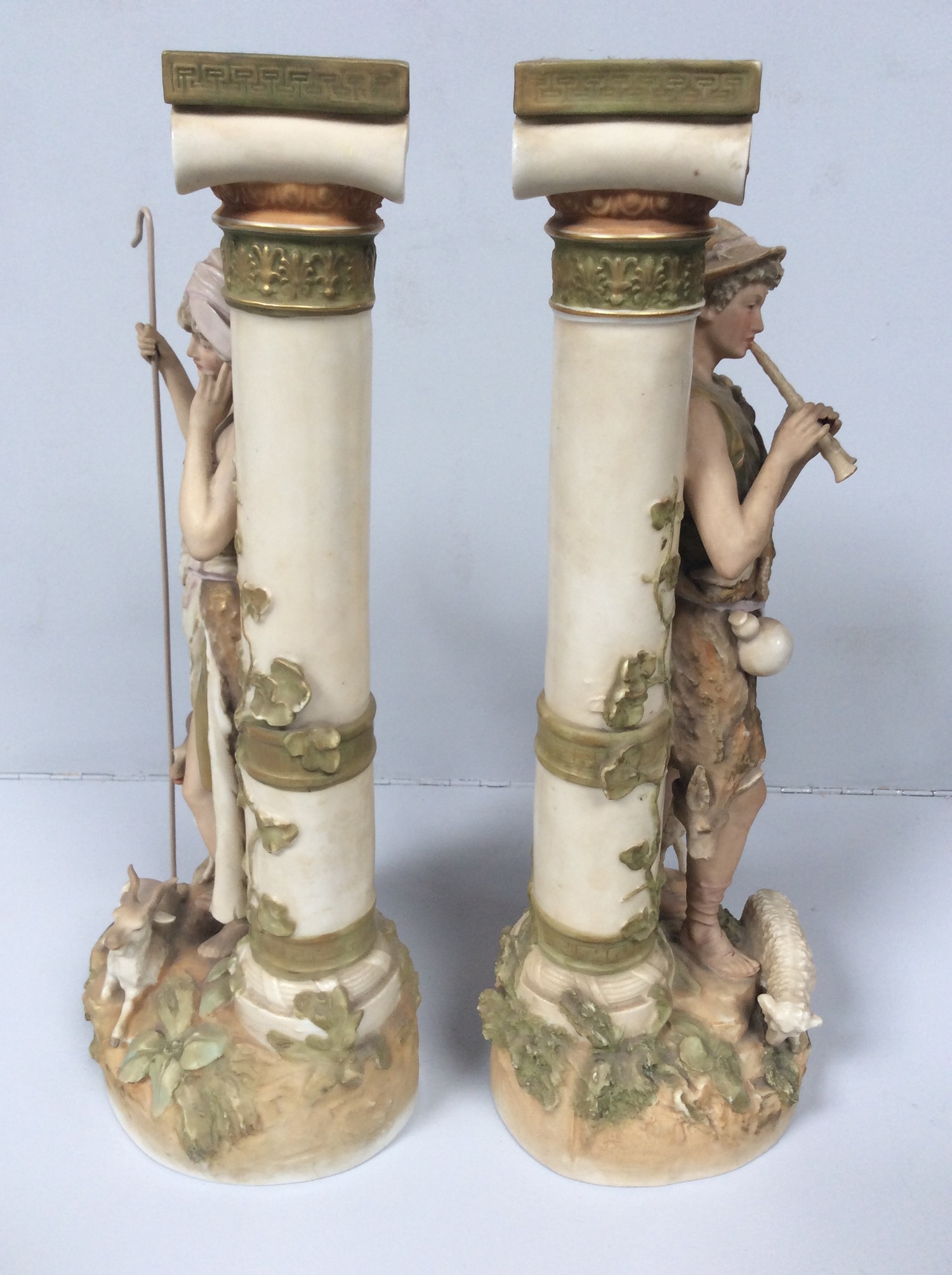 A pair of Royal Dux porcelain figures of a shepherd and shepherdess modelled next to classical Ionic - Image 4 of 5