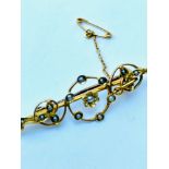 A 15ct gold brooch set with 15 x small seed pearls, with safety chain, weight 3.2 grams, measures