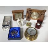 Six various clocks including Waterford crystal, GW Benson, Metamec, Imperios, silver cased example