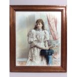 A 19th century three-quarter length portrait of a young lady in an interior, wearing white satin and