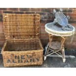 A Wicker food hamper basket with original leather straps, New Albany painted on the front together