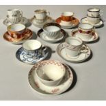 Late 18th/ 19th century porcelain teawares including a Derby blue & gilt edged trio, tea bowls and