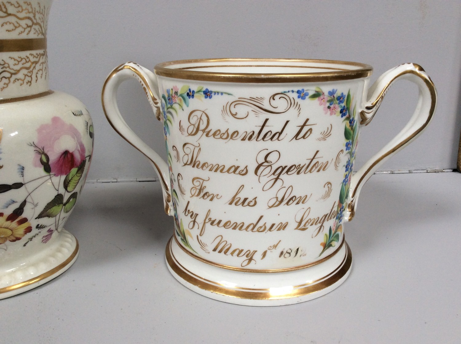 An early 19th century Staffordshire porcelain two-handled loving cup painted with roses and gilt - Image 4 of 5