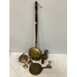 A copper skillet together with a copper kettle, a tall copper measure, Type 6 Eccles Miner's lamp,