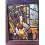 A 19th century leaded and stained glass rectangular panel featuring an 18th century shipwright