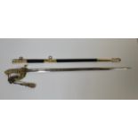 An 1827 pattern QEII Royal Naval Officers Sword with wire bound fish skin grip, lion's head