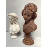 A cast iron bust of a Grecian lady looking left with flowers in her hair, raised on circular