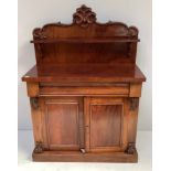 Victorian mahogany chiffonier with scrolled raised back and shelf, above a pair of cupboard doors on