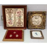 A square wooden framed tiled tray, four tiles with opposing vistas of pink flowers on pedestal