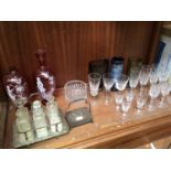 A collection of assorted glassware comprising two Mary Gregory style ovoid vases, an iridescent vase