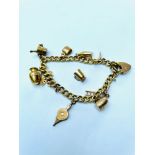 A 9ct yellow gold curb link charm bracelet with 8 various gold charms including a champagne bucket