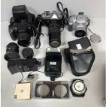 A quantity of camera equipment including a Fujica ST605N with Hanimex lens, Fujifilm S304 and