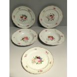 Three early 19th century Derby dinner plates and two soup bowls, moulded to the rims with