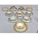 Ten various New Hall porcelain sets including six tea bowls and saucers, two trios and two coffee