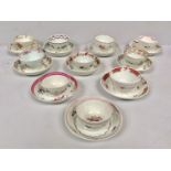 Ten various New Hall porcelain tea bowls and matching saucers, with polychrome enamel decoration. (