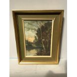 Country landscape study with trees on a riverbank and open space with foliage beyond, signed, 'S.