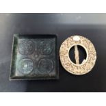 A circular carved ivory photo frame, together with a Chinese square bronze dish with auspicious